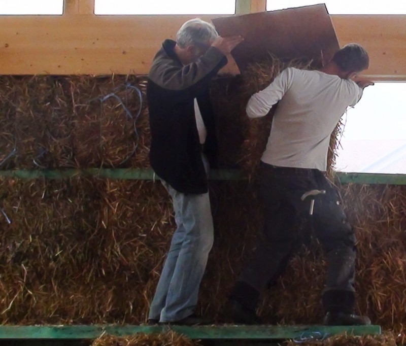 Jens en Papa Ronny klemmen de laatste rij strobalen die op maat gesplitst zijn vertikaal tussen de laatste balk en de draagbalk van de eerste verdieping.