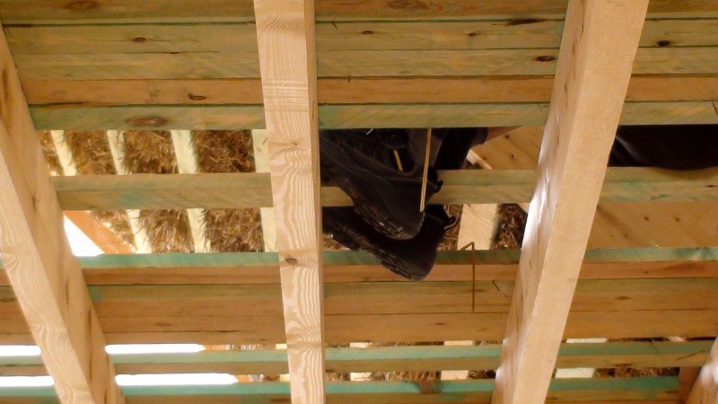Het rechtzetten van de draagbalken vergt het nodige "apenwerk". Sommige planken worden letterlijk met handen en voeten rechtgezet...