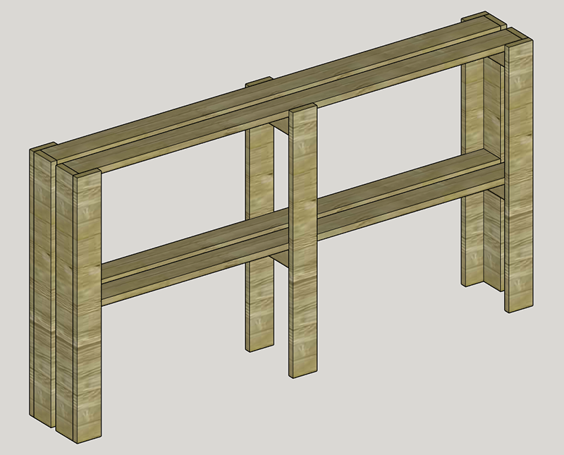 Het ontwerp van ons plantenrekje voor in de keuken, getekend met Google SketchUp